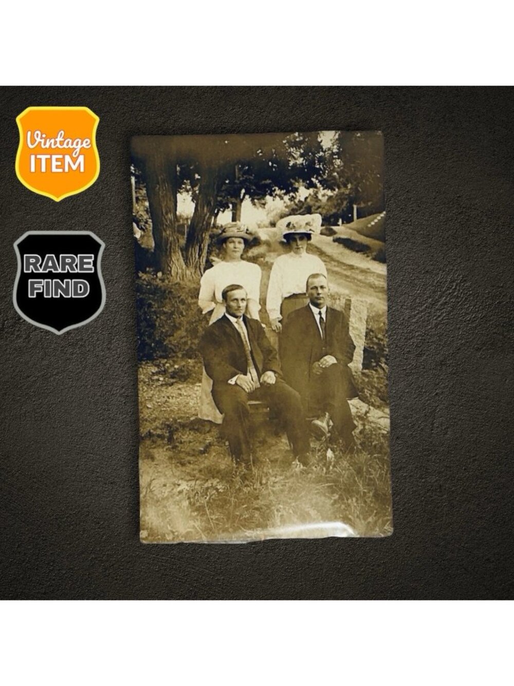 Old Antique Real Photo Postcard of Two Married Couples. 5.5 x 3.5